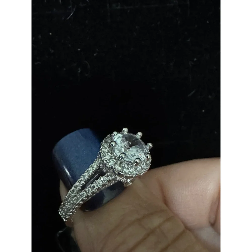 Silver Tone Double‎ Halo Round Cut Split Shank Costume Jewelry Ring Size 7